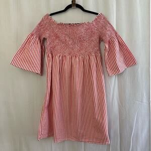 Michael Kors Red & White Striped Smock Shoulder Mini Dress Womens Size Large